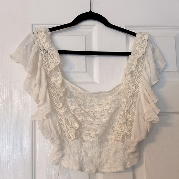 Free People White Beige Lace Crochet Crop Top Size Large - Picture 2 of 8